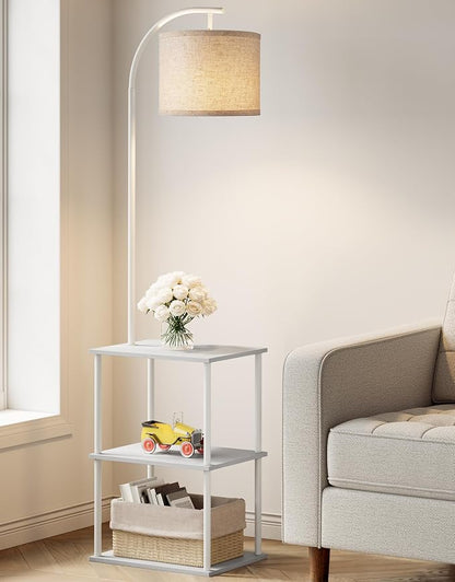 PARTPHONER Floor Lamp with Table, Night Stand with Lamp, Narrow Side Table with 3CCT LED Bulb, Small Coffee Table, Modern End Table with Storage Shelves for Living Room Bedroom Home Décor, White
