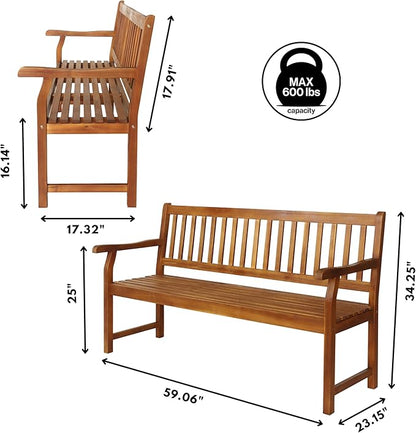 JONATHAN Y BNH101A Laurel 59.1" 3-Seat Slat-Back 600-Lbs Support Acacia Wood Outdoor Garden Patio Bench for Garden, Lawn, Backyard, Pool, Deck, Beach, Firepit, Teak