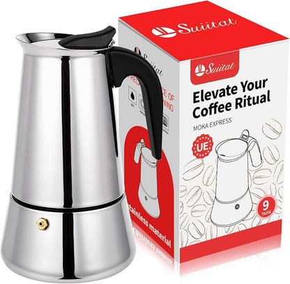 9 Cup Stainless Steel Moka Pot, 450ml Stovetop Espresso Maker, Silver