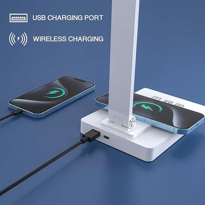 LED Desk Lamp with Wireless Charger and USB Charging Port,Desk Lamps for Home Office,Study Dimmable Table Lamp Desk Light,5 Colors Stepless Dimming,Eye-Caring Desk Lamp for College Dorm Room