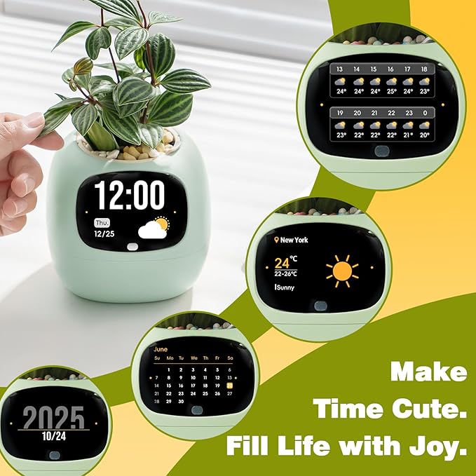 Upgraded AI Smart Flower Pot Multi-Emotion Interactive Digital Display Self Watering Planter, Monitor Soil Moisture/Water Level/Light/Battery, Supports 50+ Plants Decor for Desk Home Pet Office(Green)