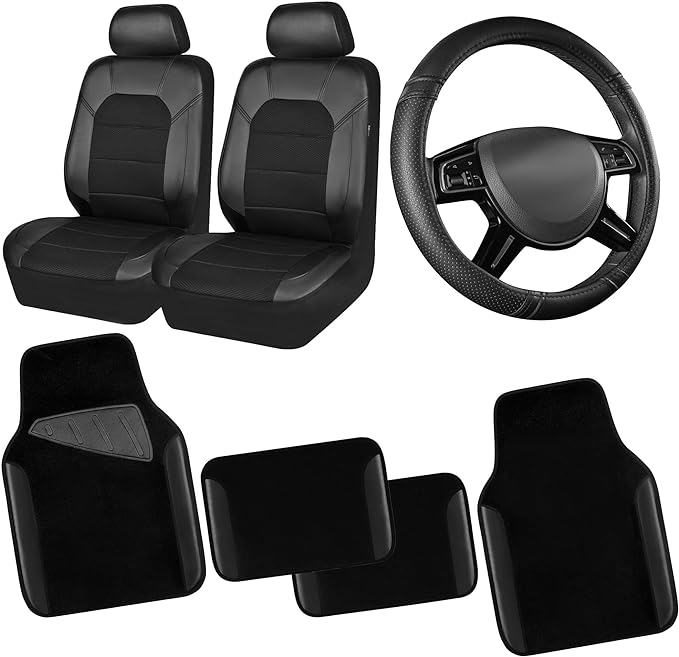 CAR PASS Leather Two Front Car Seat Cover; 4Pcs Waterproof Car Floor Mats & Steering Wheel Cover,Universal Fit Airbag Compatible Automotive Interior Covers (Combo Set, Black)