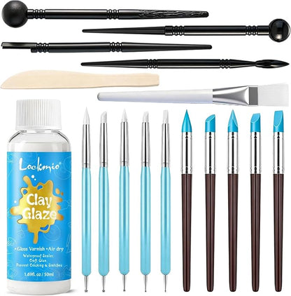 17PCS Silicone Clay Sculpting Tools, Dual-Ended Dotting Tools Set with 1.7 FL OZ Air Dry Clay Glaze for Pottery, Ceramic Modeling, Rock Painting, Art Blending - Ideal for Adults & Kids DIY Crafts