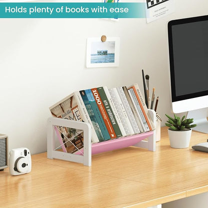 ELITEROO Tabletop Bookshelf, Simple Wood Book Organizer for Desk, Tilted Table Bookcase, Small Desktop Book Rack for Cookbook Display, Kids Reading, Office Storage, Pink