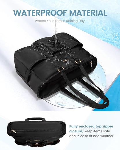 LOVEVOOK 17 Inch Laptop Tote Bag for Women Work, Teacher Tote Bag Nurse Bag, Professional Utility Computer Bag For Work/Travel/College/Daily, Large Purse Handbag With Trolley Sleeve & Large Cup Holder