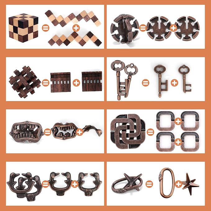 8 Pcs Brain Teaser Puzzles for Adults Teens - Wooden Puzzles 3D Puzzle Game Toys for Adults Teens - Metal Unlock Interlocking Puzzle Adult IQ Education Smart Toys