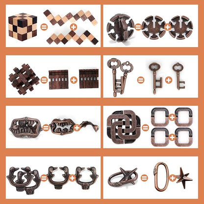 8 Pcs Brain Teaser Puzzles for Adults Teens - Wooden Puzzles 3D Puzzle Game Toys for Adults Teens - Metal Unlock Interlocking Puzzle Adult IQ Education Smart Toys