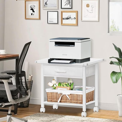 Lerliuo Under Desk Rolling Printer Stand with Drawer, 2-Tier Industrial Mobile Printer Table Desk with Storage Shelf and Steel Frame, Printer Cart Holder with Lockable Wheels for Home, Office (White)