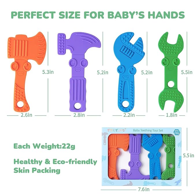TYRY.HU Baby Teething Toys for Babies, Baby Teether Toys, BPA Free Silicone Baby Molar Teether Chew Toys, Hammer Wrench Spanner Pliers for Boys Girls, Soft-Textured, Easy to Hold & Clean, 4 Packs