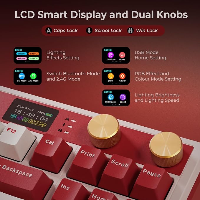 RK ROYAL KLUDGE M87 Wireless Gaming Keyboard with Screen & Dual Knobs, Red | Bluetooth/2.4G/Wired, Hot Swappable Cream Switches, 5-Layer Noise Dampening Gasket Structure,Compact 75% Size for PC/WIN/Mac