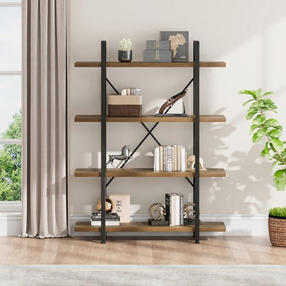 HSH Industrial 4 Tier Bookshelf, Modern Metal and Wood 4 Shelf Bookcase Etagere, Farmhouse Open Wide Display Storage Bookshelves and Bookcases Heavy Duty for Bedroom Living Room Office, Rustic Oak