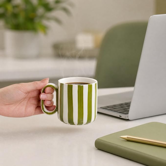Ceramic Coffee Mugs Set of 4, 8.5 oz Stoneware Coffee Cups with Handle | Small Aesthetic Green Stripe Latte Tea Mug for Latte Tea Hot Chocolate, Microwave and Dishwasher Safe (8.5 oz)