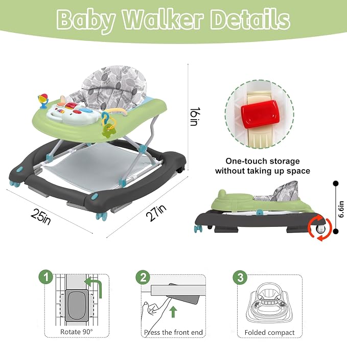 5 in 1 Foldable Baby Walker, Activity Baby Walker-Baby Bouncer, Rocker, Activity Center,Seat and Push Walker,Detachable Trampoline Mat, Adjustable Speed Rear Wheels and Height,Ages 6-18 Months(Green)