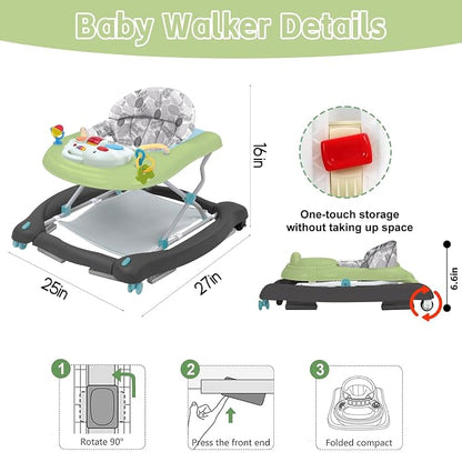 5 in 1 Foldable Baby Walker, Activity Baby Walker-Baby Bouncer, Rocker, Activity Center,Seat and Push Walker,Detachable Trampoline Mat, Adjustable Speed Rear Wheels and Height,Ages 6-18 Months(Green)