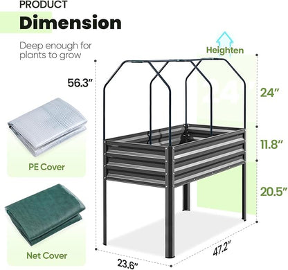 KING BIRD Large Raised Garden Bed with Cover & Netting Galvanized Elevated Planter Box with Legs 48×24×56 in for Backyard, Patio, Balcony, 400lb Capacity, Dark Grey