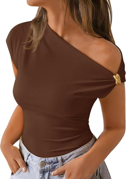 ZESICA Women's 2026 Summer Off Shoulder Tops Going Out Sexy Y2k Shirts Spring Cap Sleeve Ruched Asymmetrical Blouses
