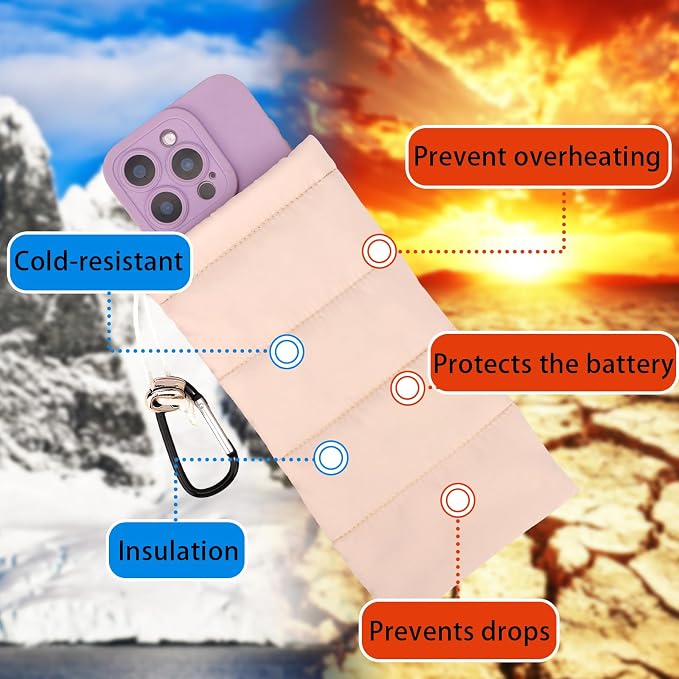 Lyreh Thermal Phone Pouch with Carabiner, Down Cotton Winter Insulated Warm Case Cover Bag Accessories Gift Prevents Freezing & Overheating Cellphone Sock for Outdoor Camping Hiking Skiing (Beige)