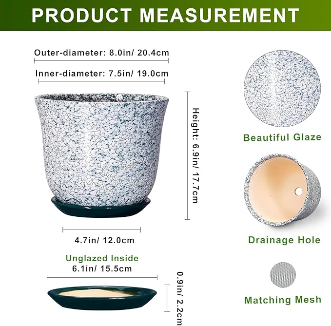 Ceramic Pots for Plants - 8 Inch Plant Pot for Indoor Outdoor, Round Flower Pot with Drainage Hole and Saucer, Decorative Planters, Modern Planter, Patio Decor, House Warming Gift, Green
