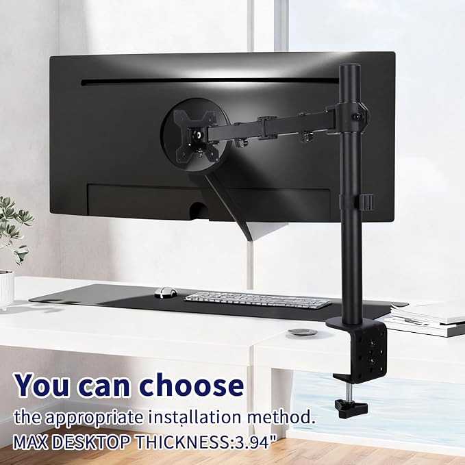 Single Monitor Arm Mount for 13-32 Inch Screen Up to 22lbs | Ultrawide Screens Up to 38 Inch Fully Adjustable Stand with C-Clamp/Grommet Base Tilt Rotation Max VESA 100x100