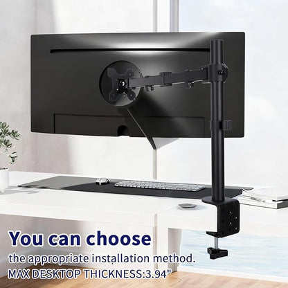 Single Monitor Arm Mount for 13-32 Inch Screen Up to 22lbs | Ultrawide Screens Up to 38 Inch Fully Adjustable Stand with C-Clamp/Grommet Base Tilt Rotation Max VESA 100x100