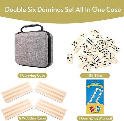Doreimi Double 6 Dominos Set for Adults with 4 Wooden Racks & 28 Tiles Travel Dominoes Set Classic Board Game for Family Game Night