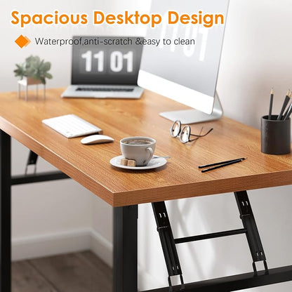 Need Office Computer Desk 54.3 Inch Sturdy Folding Laptop Table Teak | Black Frame Writing Gaming Work Table/Foldable Home Office Desk/Sewing Table, No Assembly Required
