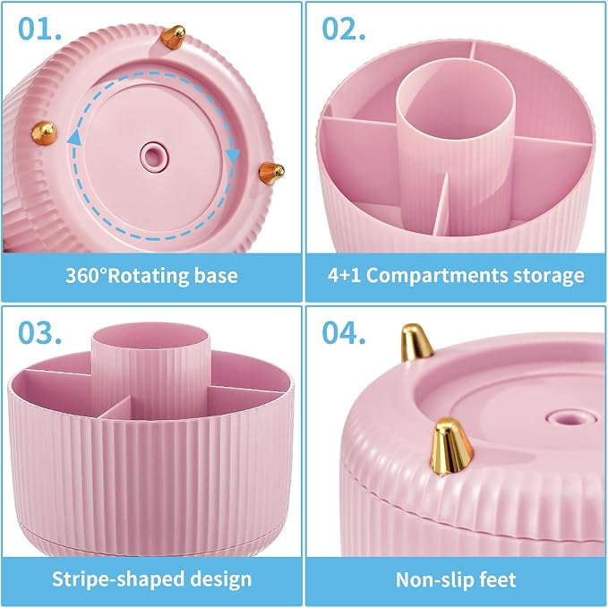 Marbrasse Desk Organizer, 360-Degree Rotating Pen Holder, Desk Organizers and Accessories with 5 Compartments Pencil Organizer, Art Supply Storage Box Caddy for Office, Home(Pink)