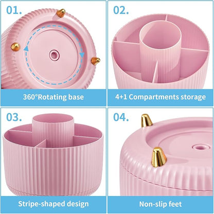 Marbrasse Desk Organizer, 360-Degree Rotating Pen Holder, Desk Organizers and Accessories with 5 Compartments Pencil Organizer, Art Supply Storage Box Caddy for Office, Home(Pink)