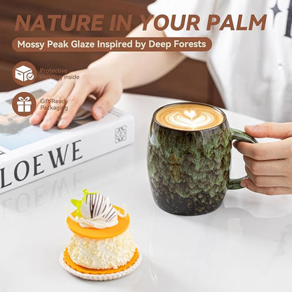 Unique Reactive Glaze Ceramic Coffee Mug - 14 oz Large Coffee Cup with Ergonomic Handle, Forest Green Ceramic Mug for Office & Home, Great Birthday Gift for Women, Men & Friends, Microwave Safe