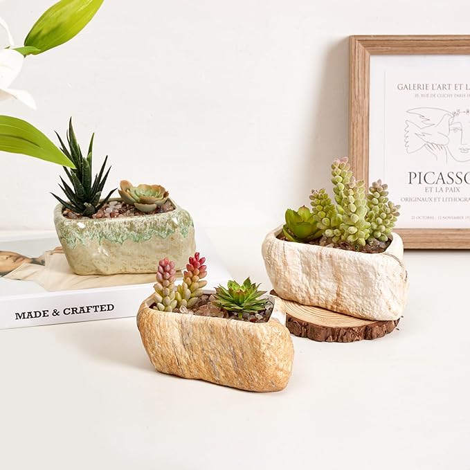 T4U 5.5 Inch Ceramic Succulent Pot Planter with Drainage Hole Set of 3, Stone Shape Rectangle Window Box Cactus Plant Containers Gift for Mom Sister Aunt Best for Home Office Table Desk Decoration