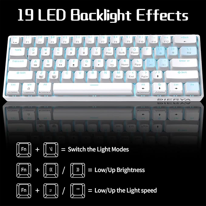 DIERYA 60% Mechanical Keyboard, DK61se Wired Gaming Keyboard with Red Switches, LED Backlit Ultra-Compact 61 Keys Mini Office Keyboard for Windows Laptop PC Gamer Typist（White）