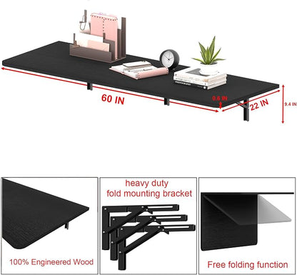 IAE 60x22in Floating Fold Desk,Wall-Mounted Folding Computer Table,Black | Study Table with Shelf Brackets,Foldable Down Shelf with Engineered Wood,Fold Computer Desk for Small Apartment,Holds 515 lb