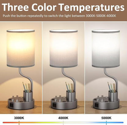 Fenmzee Bedside Lamps for Bedroom Set of 2 - Table Desk Lamp for Nightstand | 15" Table Lamp for Living Room with Pen Holder & Phone Stand, USB A+C Port, AC Outlet, 3 Color Temperature, LED Bulb Included