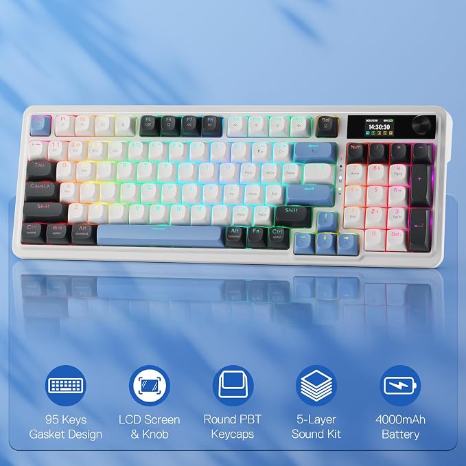 Redragon K719 PRO Wireless 95-Key Gasket Gaming Keyboard, TFT Screen & Knob | Easy-Control LED Info Display, 0-Delay Tri-Mode, Cushioned 5-Layer Noise Dampening for Creamy Thocky Sound, Practical 95 keys