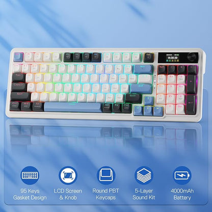 Redragon K719 PRO Wireless 95-Key Gasket Gaming Keyboard, TFT Screen & Knob | Easy-Control LED Info Display, 0-Delay Tri-Mode, Cushioned 5-Layer Noise Dampening for Creamy Thocky Sound, Practical 95 keys