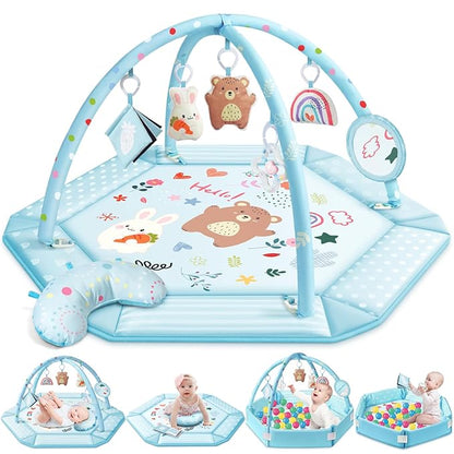 Baby Gym Play Mat, 8-in-1 Tummy Time Mat & Ball Pit with 6 Toys, Washable Baby Activity Mat for Visual, Hearing, Sensory, Motor Development, Baby Gift for Newborn Infant 0-3-6-9-12 Months (Blue)