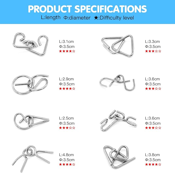 Metal Wire Puzzle 16-Piece Set with Pouch – IQ Test Brain Teaser Disentanglement Chinese Ring Fidget Toy for Kids & Adults – Portable Party Favor