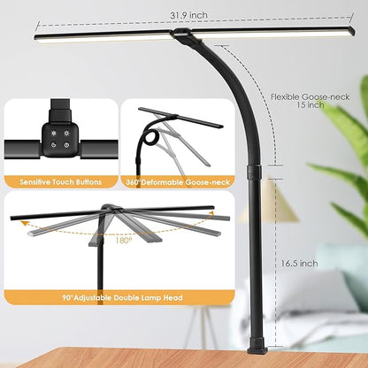 Led Desk Lamp for Office Home - 24W Double Head Architect Desk Light with Clamp & Timer, Eye Caring Folding Table Lamp Gaming Desktop Computer LED Lights Desk Supplies for Workbench Studing Drafting