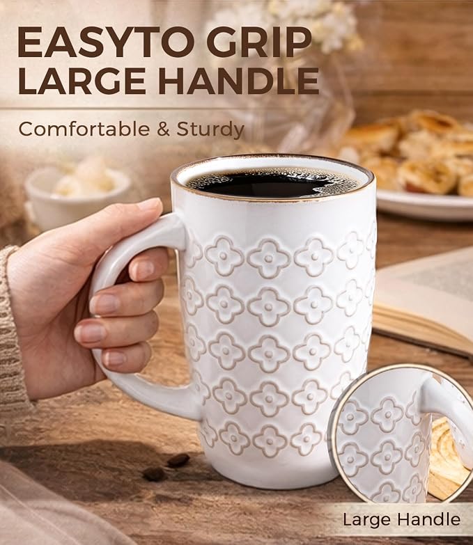 AmorArc Large Coffee Mugs Set of 6, 20oz Tall Coffee Mugs Set | with Texture Patterns for Cappuccino, Latte,Hot Cocoa, Dishwasher & Microwave Safe-Off White