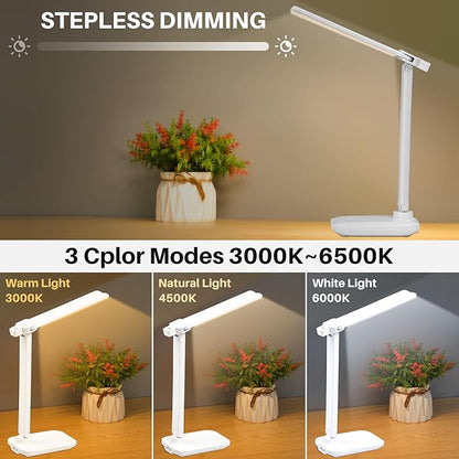 LED Desk Lamp Dimmable Double Head Reading Lamp with USB Charging Port, 3 Lighting Modes, Sensitive Control, Eye-Caring Office Lamp for Study Reading Drafting (White)
