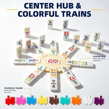 Mexican Train Dominoes Set Double 12 Number Domino Tiles, 91 Colorful Number Dominos Tiles with 8 Wooden Racks, Hub & Trains, Portable Domino Game Set for Adults Kids Families