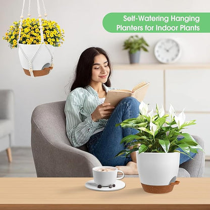 Hanging Planters for Indoor Outdoor Plants, 2 Pack Self Watering Hanging Pot with Drainage Holes, Removable Tray & 2 Kinds of Plant Hangers, 8'' Hanging Flower Pots for Home Garden Decor, White
