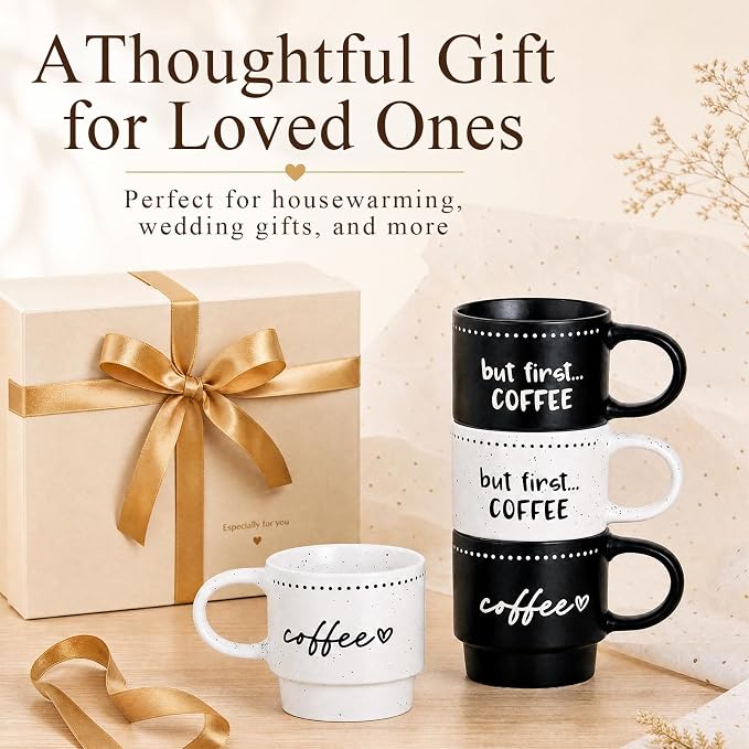 10oz Stackable Coffee Mugs Set of 4, Modern Ceramic Coffee Mug | Coffee Cup for Man, Woman, Dad, Coffee Mug Set for Hot Drinks, Coffee, Cocoa & Tea, Latte Mugs Cup Set for Home & Office Use