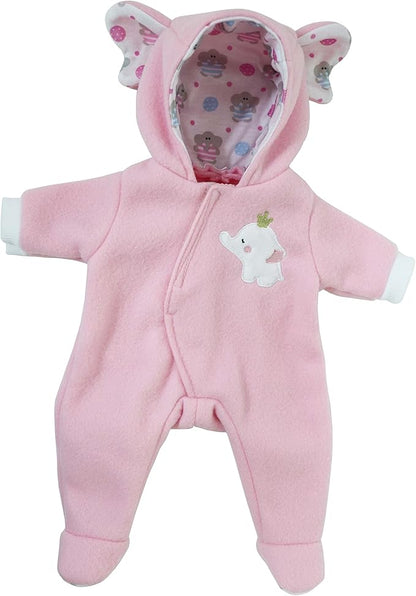 JC Toys | Berenguer Boutique | Baby Doll Outfit | Pink Elephant Themed Hooded Onesie | Ages 2+ | Fits Dolls 14"- 16"