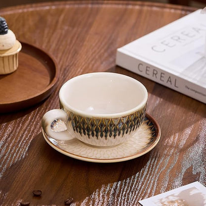 Coffeezone Vintage Design 12 oz Ceramic Latte Art Cappuccino Barista Cup with Saucer (Embossed Vintage)