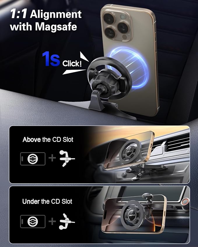 pop-tech for MagSafe CD Slot Car Phone Holder, [Built-in Steel Plate] Universal Magnetic CD Player Cell Phone Mount, Adjustable Magnet CD Cellphone Cradle Fit for iPhone All Smartphones