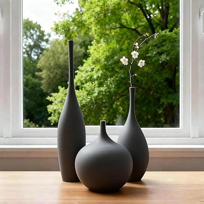 Relexome Black Ceramic Vase Modern Boho Wabi-Sabi Flower Vase Set of 3 Decorative Aesthetic Vases for Centerpieces Matte Minimalist Vases for Living Room Table Shelf Home Decor Gift