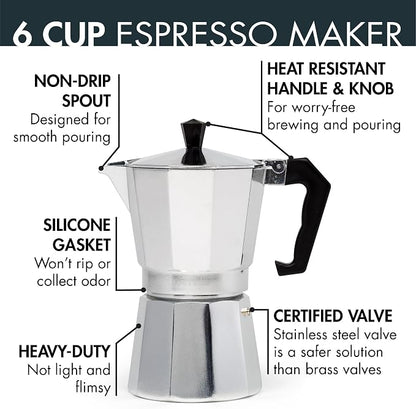 Primula Classic Stovetop Espresso and Coffee Maker, Moka Pot for Italian and Cuban Café Brewing, Greca Coffee Maker, Cafeteras, 6 Espresso Cups, Silver