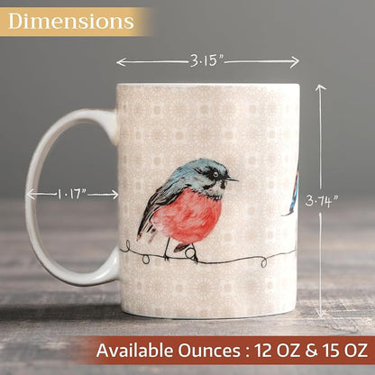 Maison d' Hermine Coffee Mug with Handles Tea Cups (12 Ounce, Pack of 1) | Fine Bone China Coffee Mugs for Hot Beverages Cappuccino Latte Home Restaurant Hotel Spring Summer -Birdies on Wire - Robin