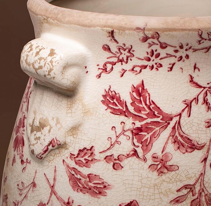 Antique Ceramic Planter & Vase for Home Decor, 6.68 Inch Rustic Farmhouse Flower Pot with Drainage Hole for Indoor Plants, Vintage Decoration for Bookshelf & Tabletop, Unique Gifts for Women (Red)